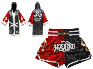 Personalized Boxing Robe with hood and Muay Thai Shorts : 143-Red-Black