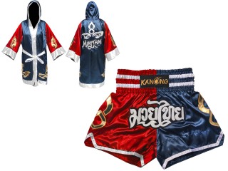 Personalized Boxing Robe with hood and Muay Thai Shorts : 143-Red-Navy