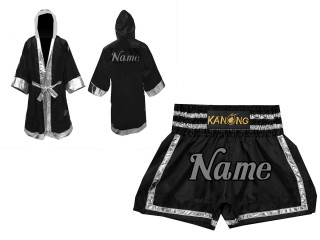 Personalized Boxing Fight Robe and Muay Thai Shorts : Set-140-Black-Silver